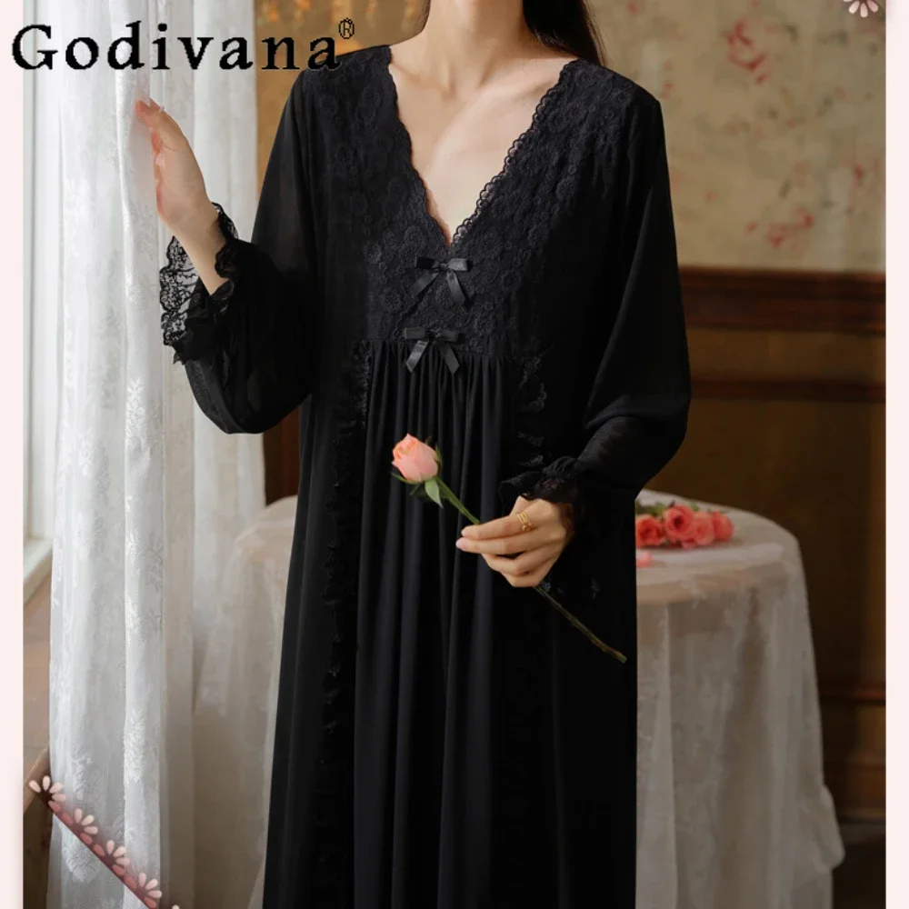 

Sleeping Skirt Long Sleeve Lace Court Nightgown Elegant Romantic Black Seduction Pajamas Robe Homewear