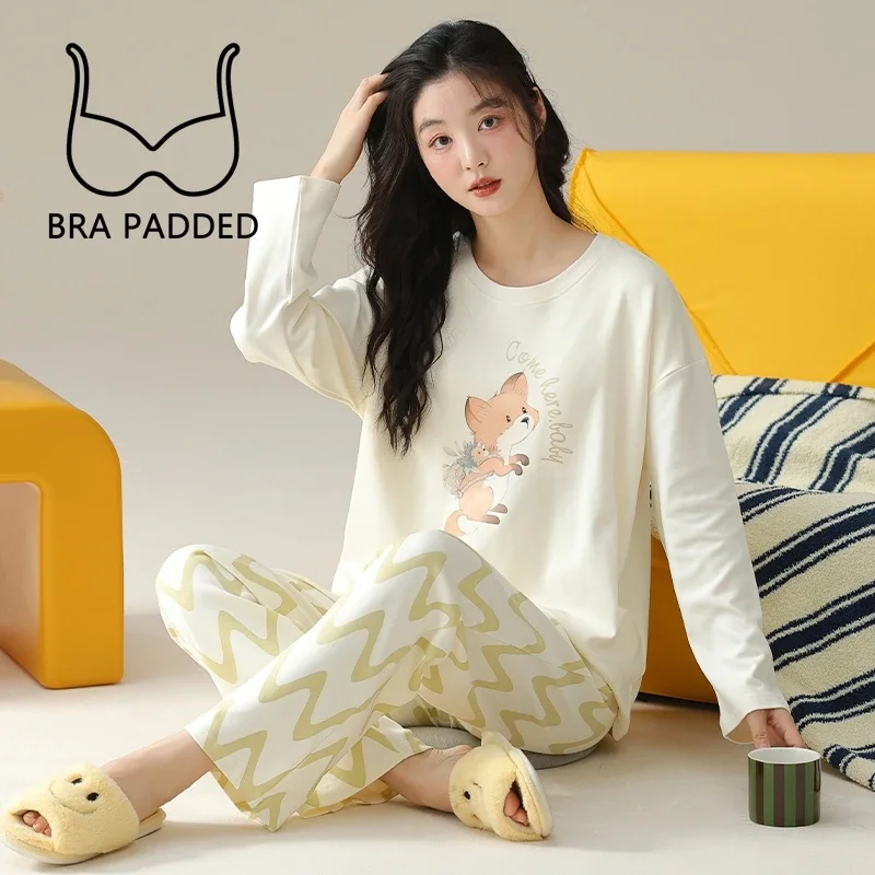 New Autumn Sweet Woman Pajamas with Bra Pads Long Sleeves Pants Pijamas Fashion Soft Homewear Woman Fox Print Sleepwear