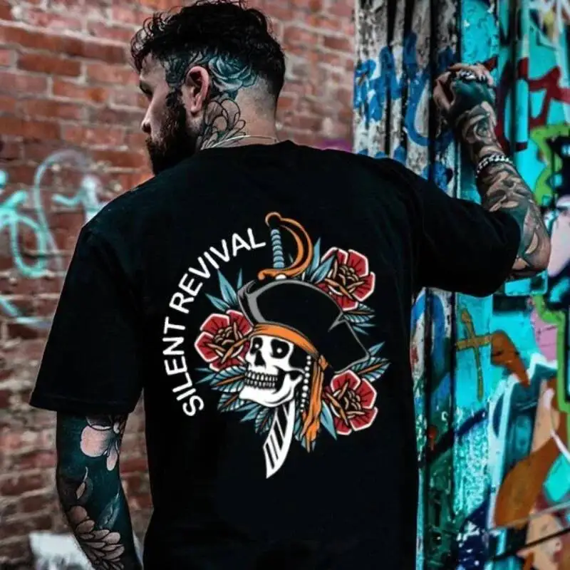 Harajuku Rock Skull Punk Gothic Print 100%Cotton Men Woment T-Shirt Summer Autumn Daily Outdoor Loose Street Short Sleeve 100%