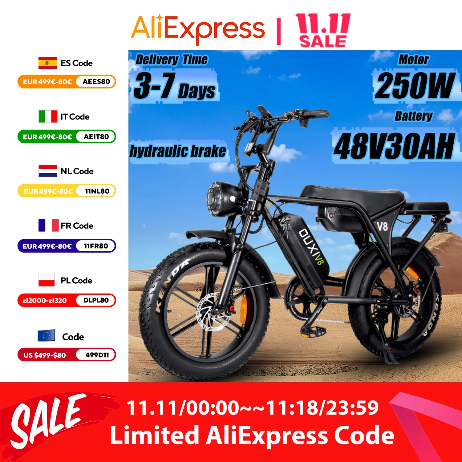 E Bike OUXI V8 250W Powerful Motor 48V30AH Dual Lithium Battery 20*4 Inch Fat Tire Electric Bike Mountain Adult Electric Bicycle