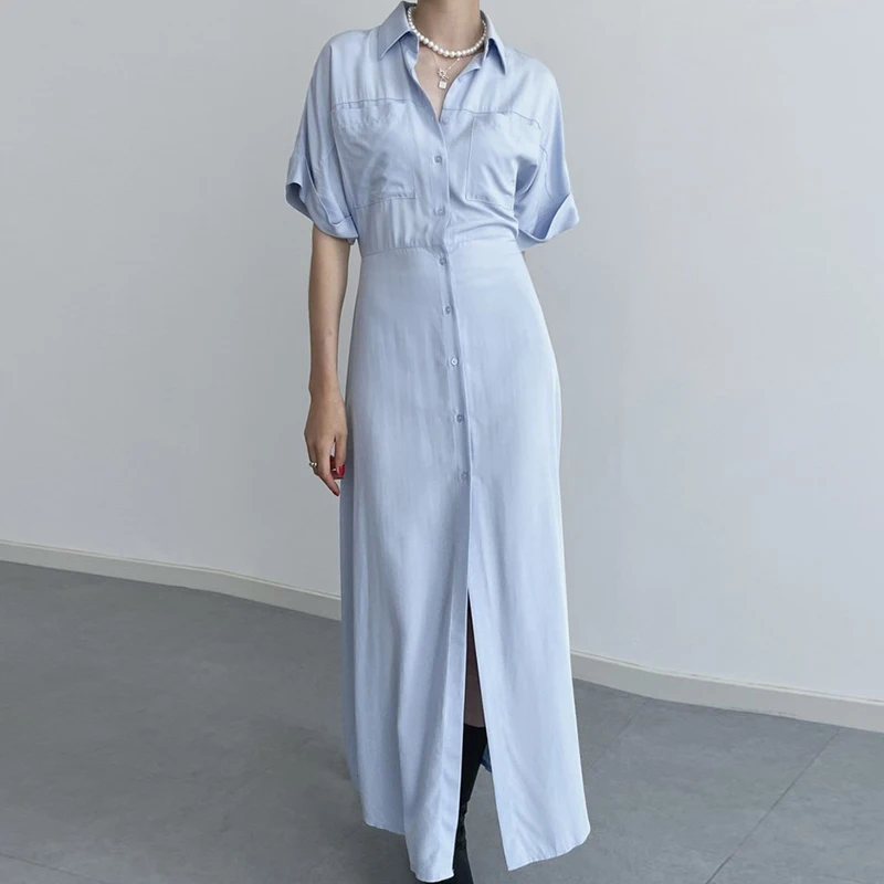 Robe chemise française Chic à manches courtes, col rabattu, coupe cintrée, longue, simple boutonnage, mode dames, robe fine et élégante, été