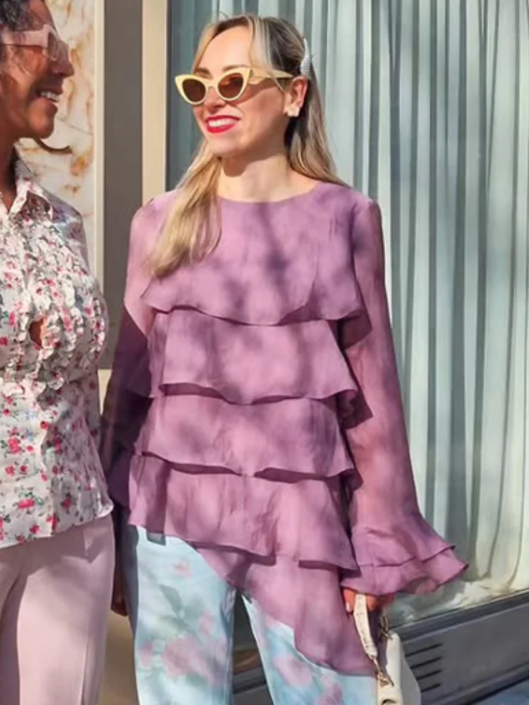 

Women Casual Solid Layered Shirt Fashion Round Neck Long Sleeve Irregularly Hem Loose Blouse Chic 2026 Daily Street Office Tops