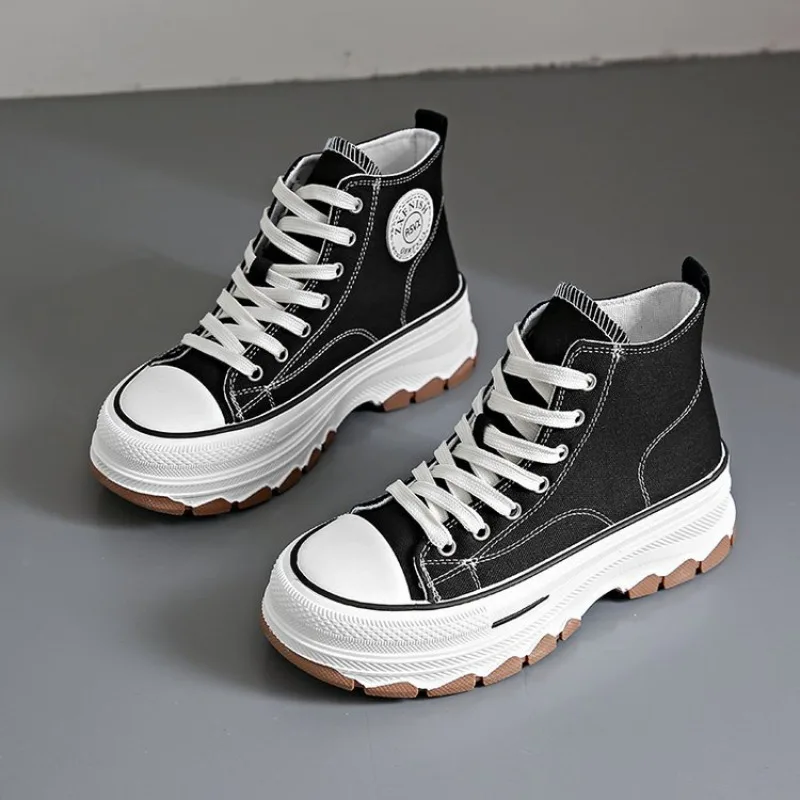 2024 Spring High Top Canvas Sneakers Women Thick Bottom White Shoes Women Casual Board Shoes Canvas Vulcanize Shoes Female