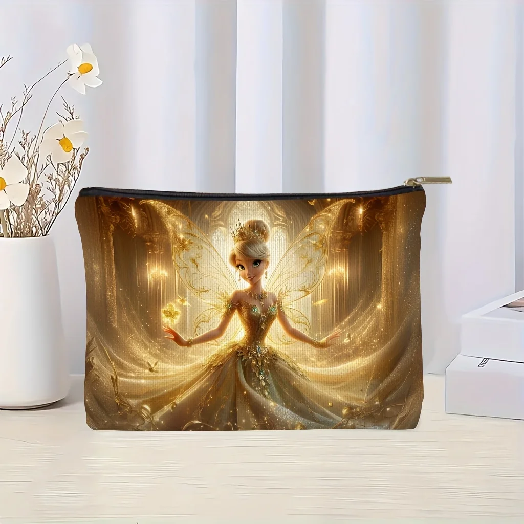 1 ディズニー ピクシー プリンセス 金メッキ化粧バッグ、きらめく羽と宮殿風プリント、ジュエリー収納バッグ、完璧なトラベルジッパー収納バッグ - 楽しい誕生日プレゼント