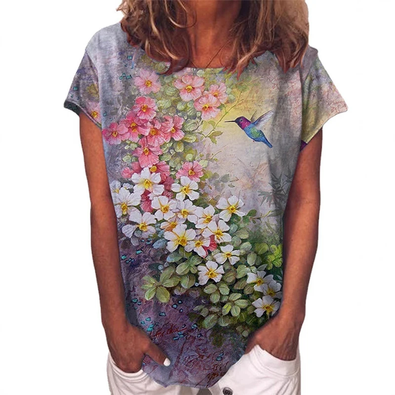 Summer Floral Flower Bird 3D Print T-Shirts Women Streetwear O-Neck Short Sleeve T Shirt Harajuku Y2k Tees Tops Female Clothing