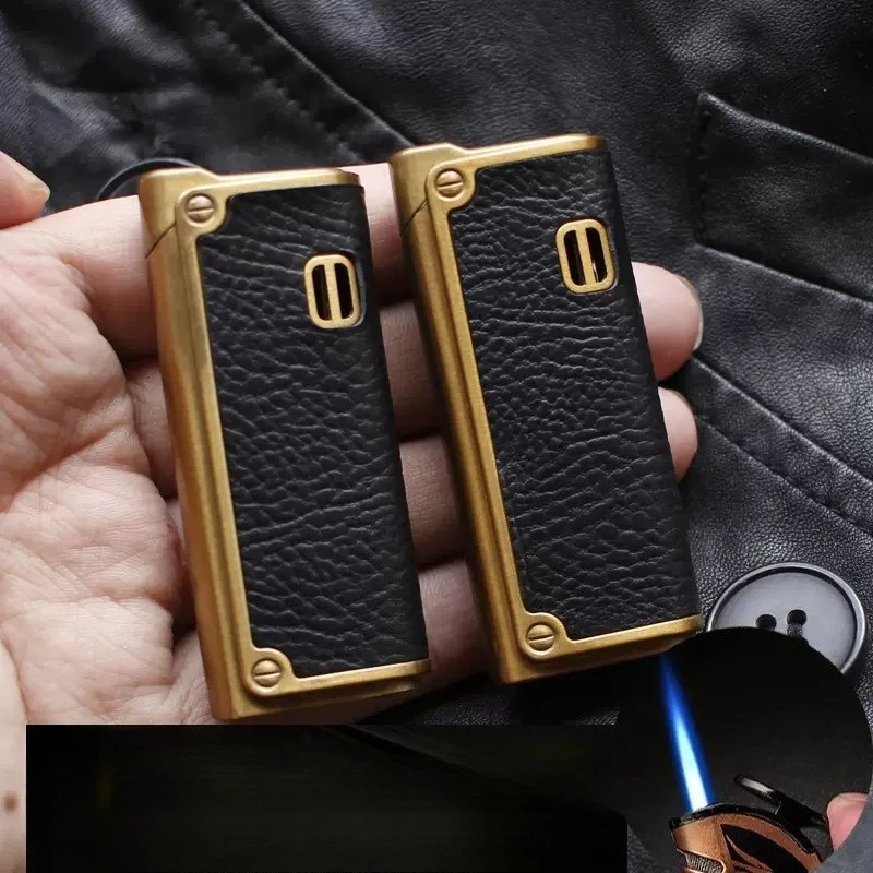 

Metal Leather Inflatable Lighter Windproof Blue Flame Cigar 1300 C Butane Pipe Lighter Cigar Cigarette Men's Gift