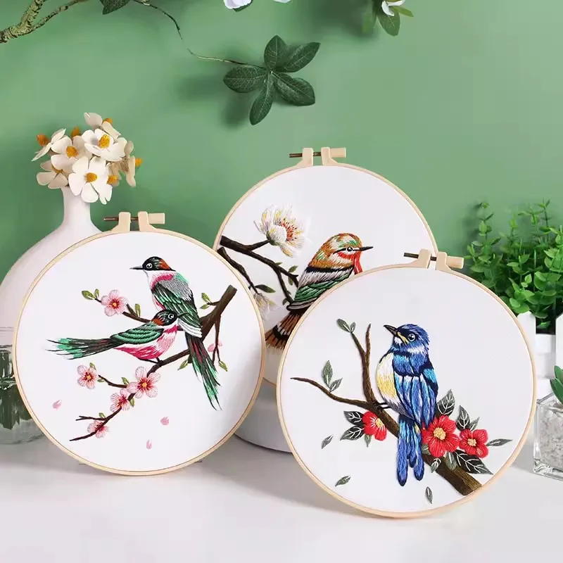 Chinese Style Bird & Flower Embroidery Kit, DIY Hand Sewing Kit with Printed Fabric, Complete All-in-One Craft Gift for Beginner