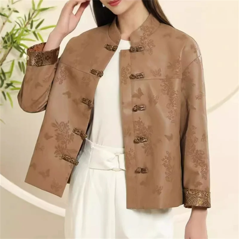 Chinese-style Leather Jacket Women's Vintage Short Coat Coil-buckle Stand-up Collar Top Printed Loose PU Outerwear Spring Autumn