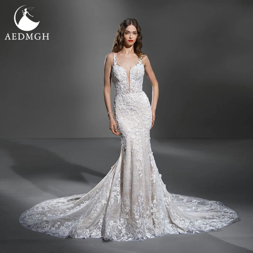 Aedmgh حورية البحر فساتين زفاف مثيرة صدفي بلا أكمام فيستدو دي نوفيا الدانتيل والتطريز خمر مخصص زي العرائس