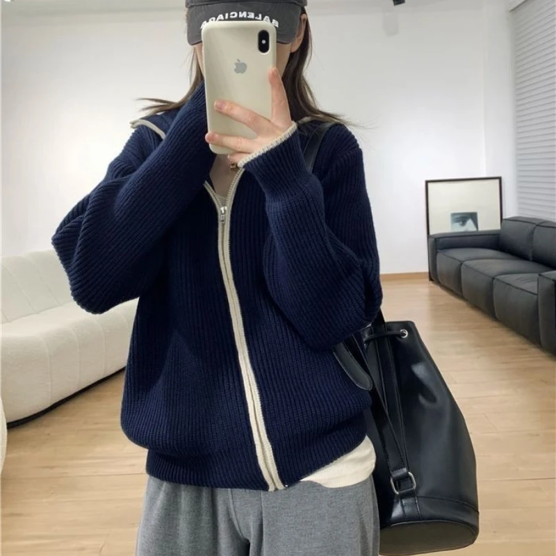 Zipper Sweater Cardigan Women Stand-Up Collar Loose Solid Knit Sweater Jacket Female Tops Spring and Autumn  Fashion Coat