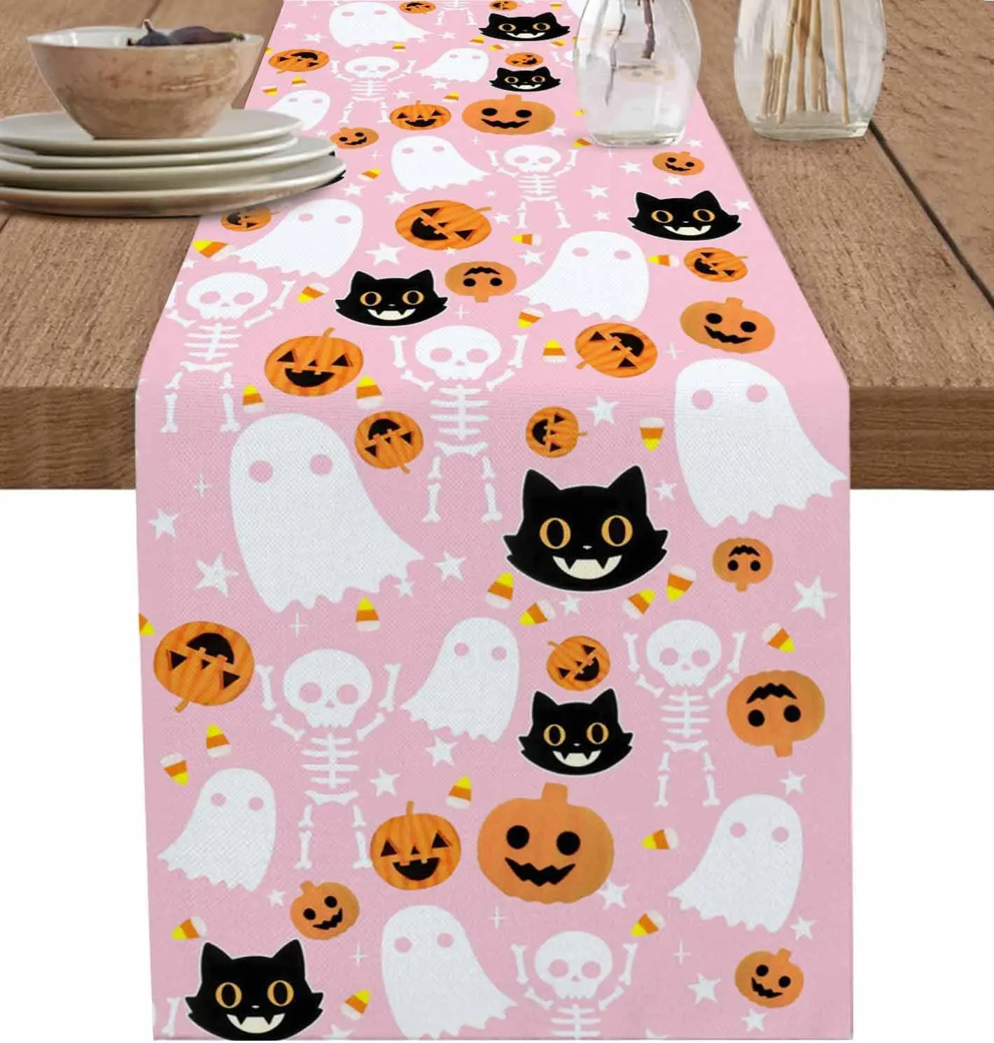 Halloween Ghost Pumpkin Cat Pink Linen Table Runner Paraty Decor Farmhouse Kitchen Dining Table Runner Halloween Decorations