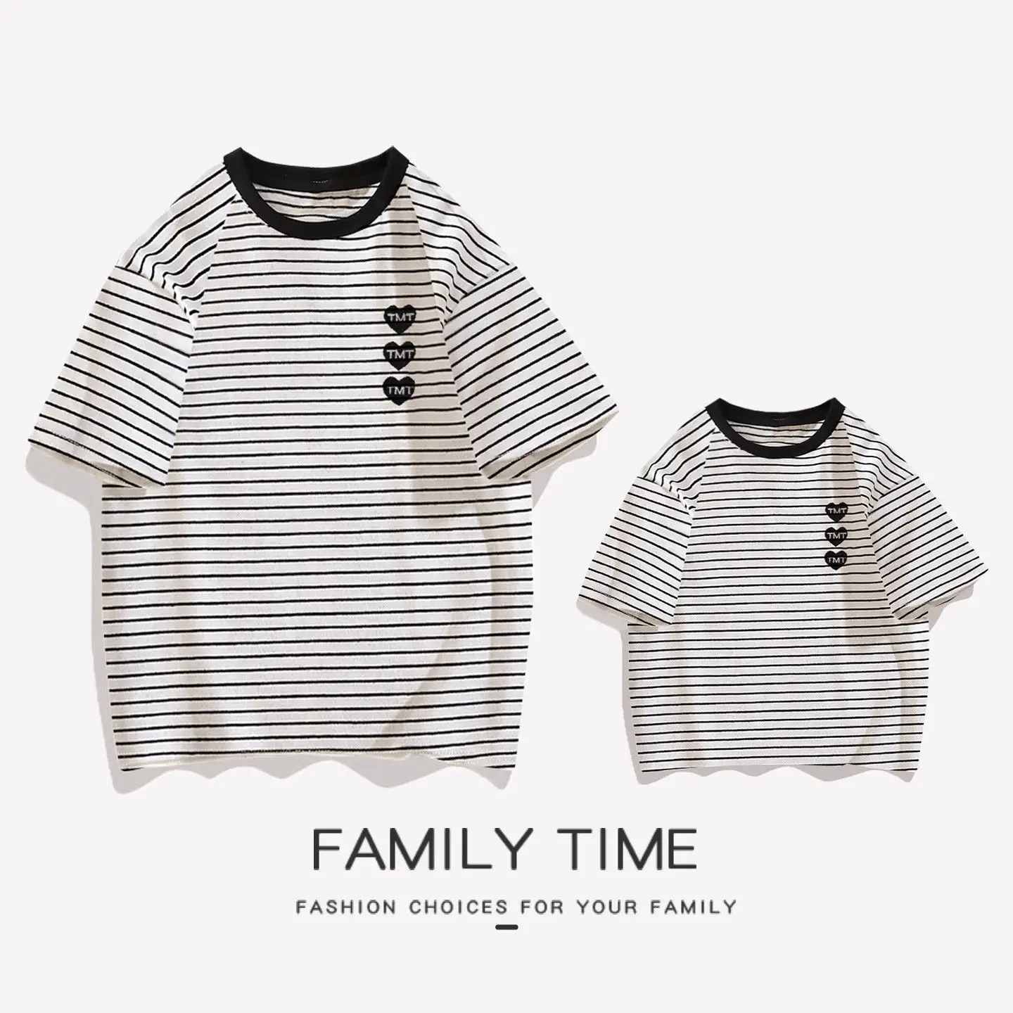 

Summer Family Matching Outfits Heart Stripe Short Sleeve T Shirts and Tops Set for Mom Dad and Kids Casual Comfortable Clothes