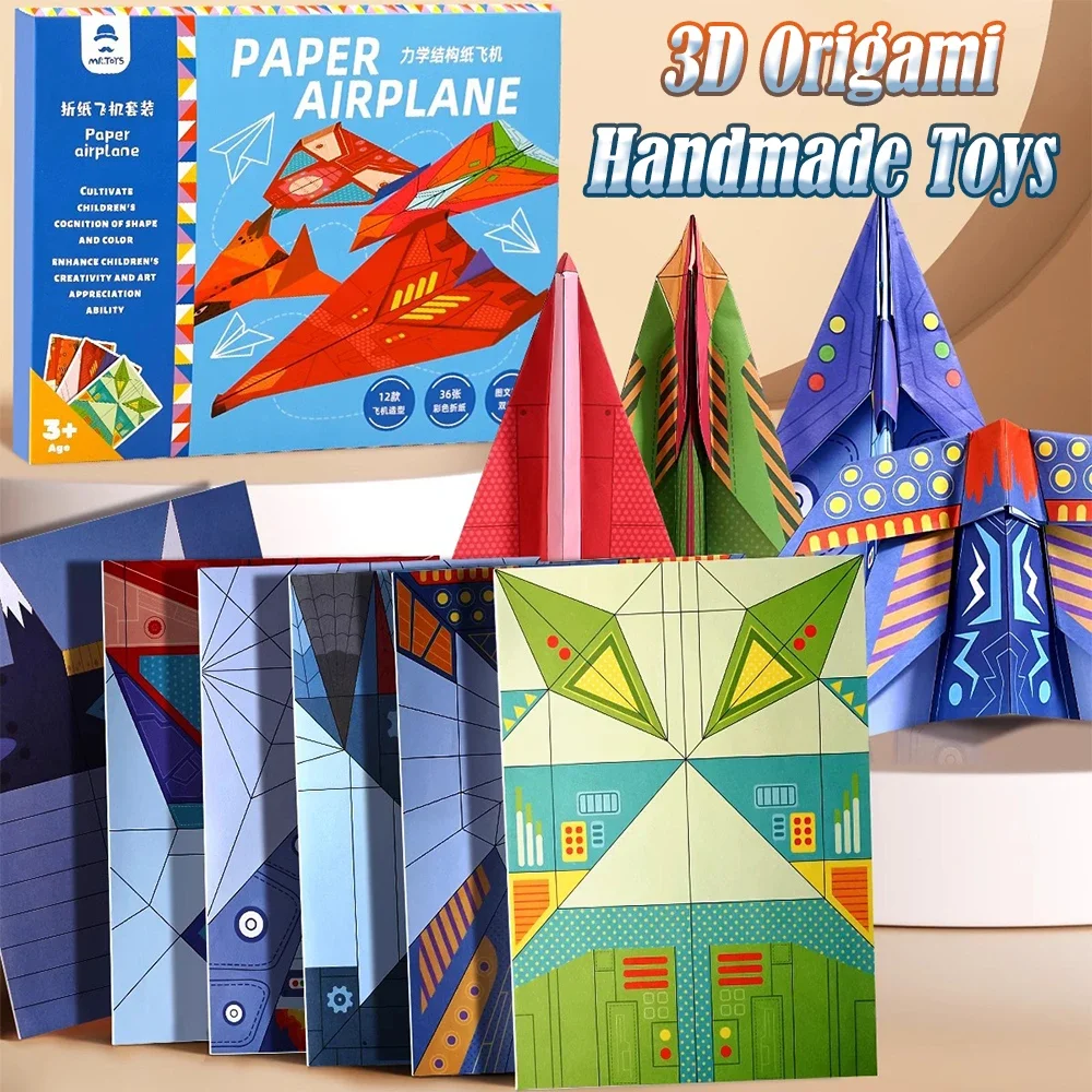 36 Sheets Kids Paper Airplane Origami Kit Pre-Printed 3D Aircraft Origami Paper STEM Educational DIY Handmade Craft Gift Toy