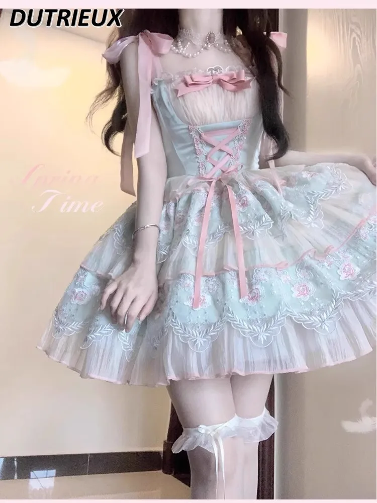 

Summer New Mint Green French Elegant Fairy Lace Jsk Sleeveless Short Dress Lolita Sweet High Waist Princess Suspender Dresses