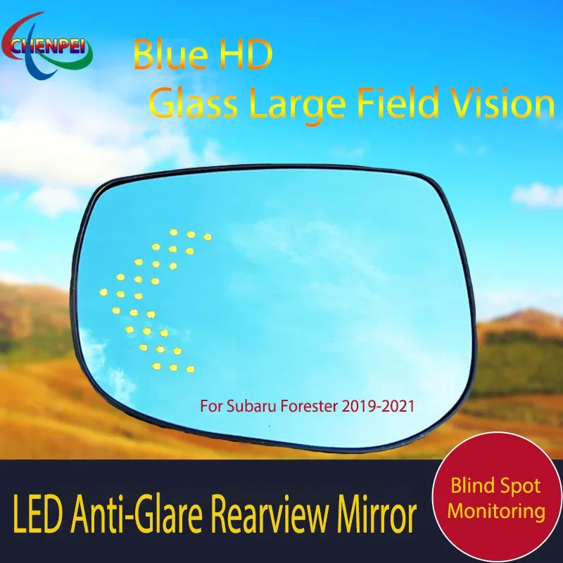 

Large View Blue Mirror Anti-Glare Electrically Heated Rearview Mirror With LED Turn Indicator For Subaru Forester 2019-2021