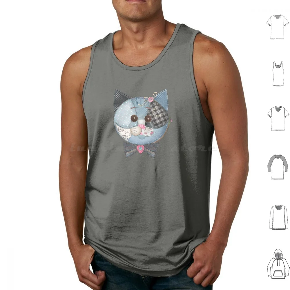 Blue Jeans The Patchwork Cat Tank Tops Vest Sleeveless Cat Kitten Kitty Cats Patchwork Quilting Blue Blue Jeans Jeans Bow Tie