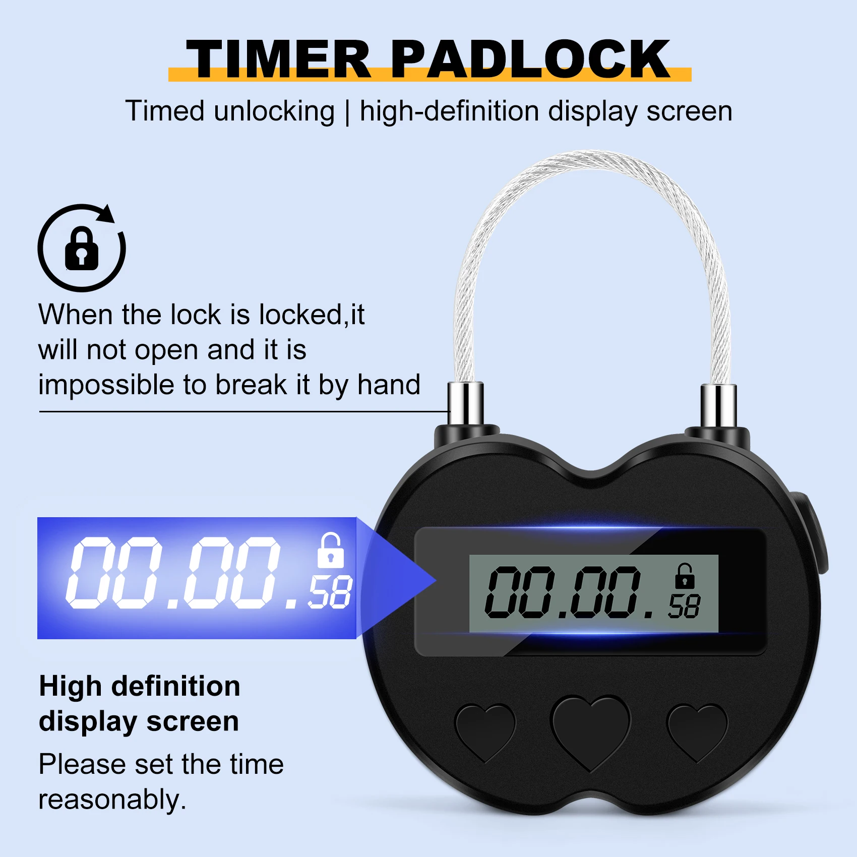 Display LCD Smart Time Lock, Multifunções Viagem Temporizador Eletrônico, impermeável USB recarregável, Temporizador Temporário Cadeado