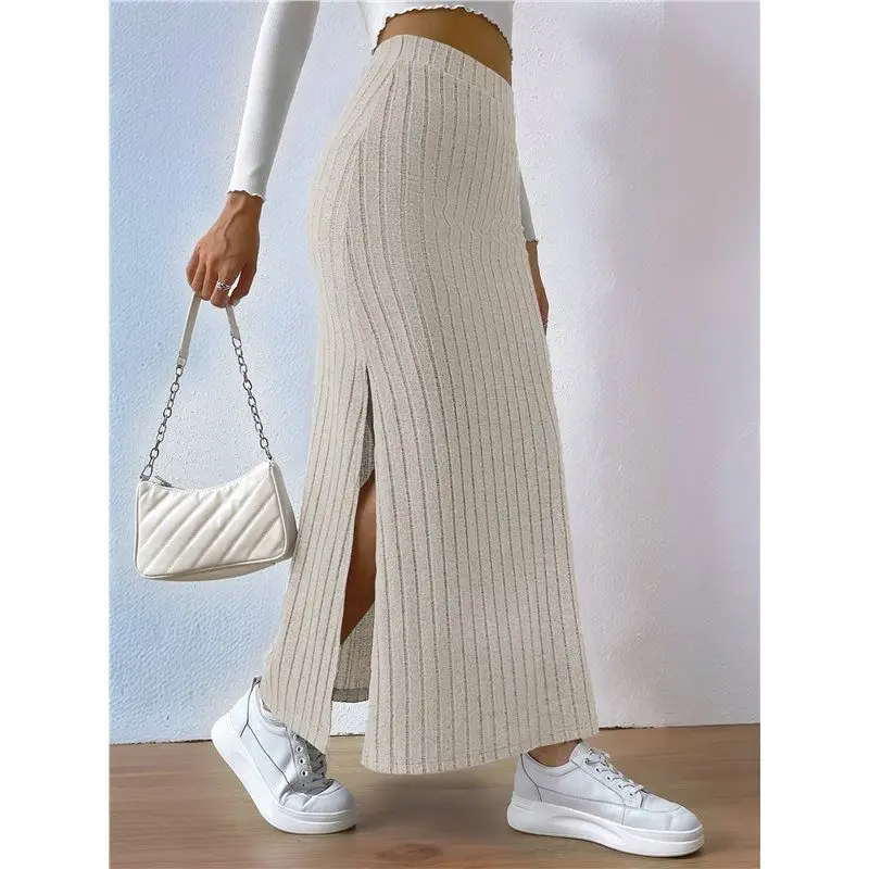 FYBL-dames effen hoge taille split zijrok casual gebreide maxi-rokken comfortabele bodycon-jurk