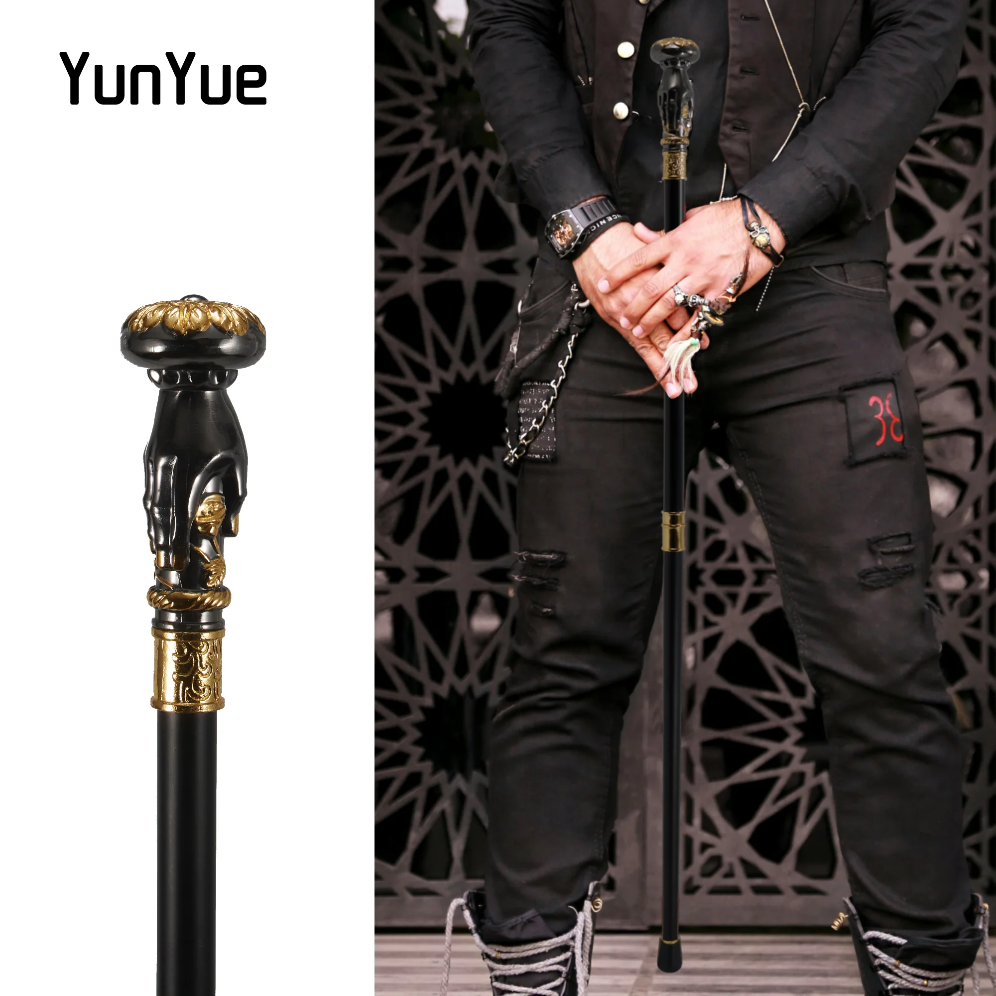 Bastón para caminar de mano y flor, color negro dorado, colecciones de caballero, bastón para caminar elegante a la moda, accesorios de película para Cosplay, bastón de fiesta