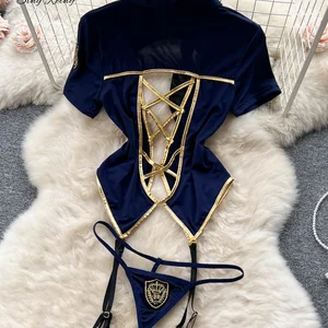 بدلات مضيفة SINGREINY-Erotic للنساء، زي مثي، بلوزة قصيرة الأكمام، سراويل داخلية صغيرة، مجموعات ملابس داخلية غير منتظمة، جوفاء أفضل 6 زي مضيفة مبيعات - رقم 1