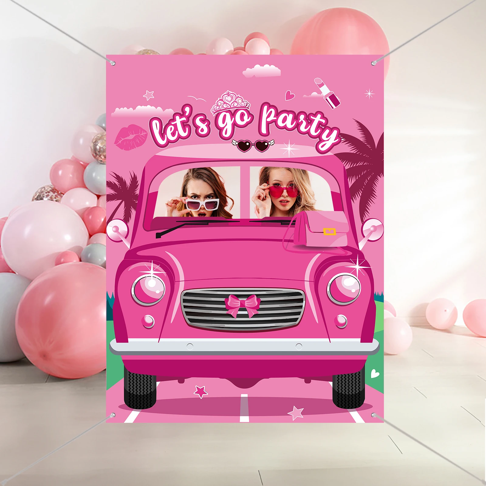 Hot Pink Girls Photo Booth Props Banner Let\'s Go Party Decorations Princess Doll Photo Door Banner Pink Car Face Photo Backdrop