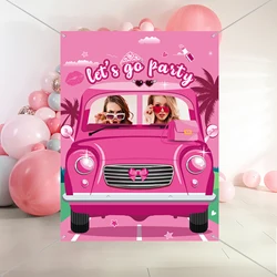 Hot Pink Girls Photo Booth Props Banner Let's Go Party Decorations Princess Doll Photo Door Banner Pink Car Face Photo Backdrop