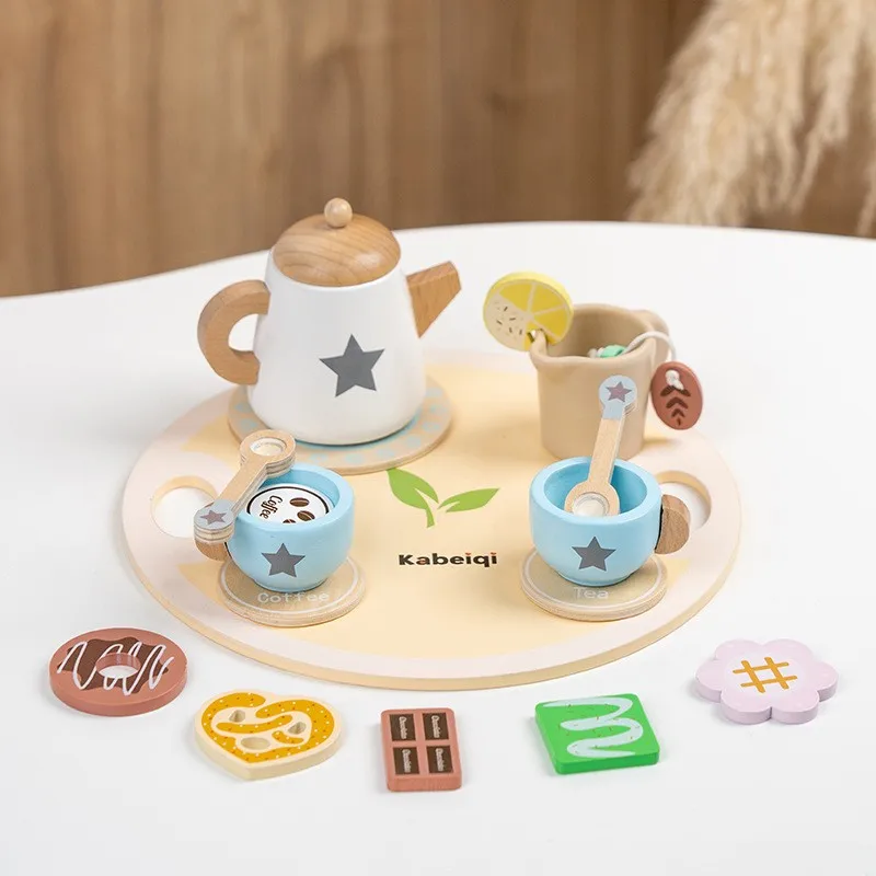 LazyChild Noble Afternoon Tea Wooden Pretend Play Toy Kids Simulation Early Learning Tea Set