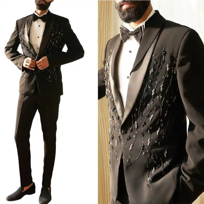 

Formal Men's Suits Tailored 2 Pieces Blazer Pants One Button Appliques Crystals Satin Shawl Lapel Wedding Groom Tuxedo Plus Size