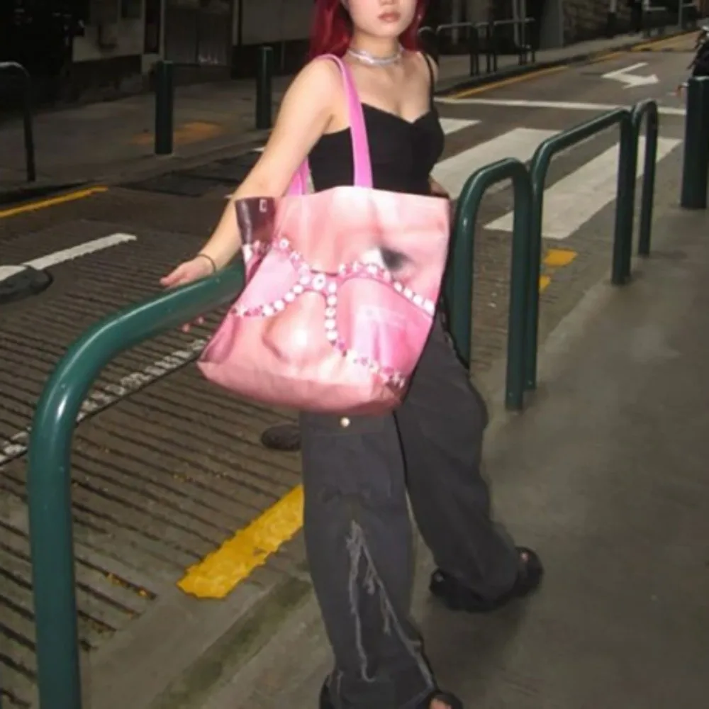 ラインストーンメガネデュポン紙ショッピングバッグクリエイティブ大容量ストリートプリントトートバッグピンクハンドバッグ Y2K ショルダーバッグ
