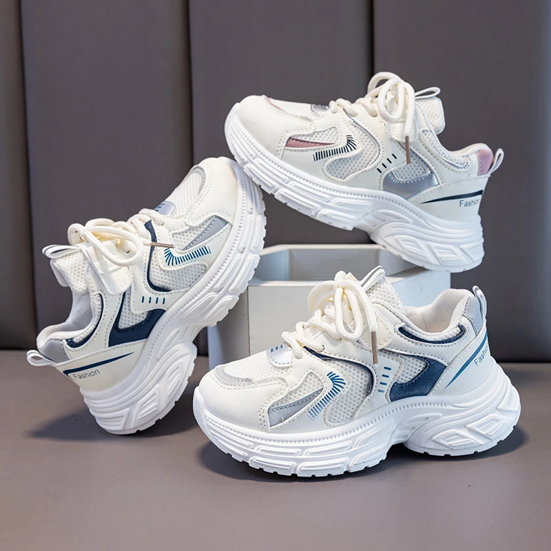 Children Mesh Sneakers Faux Lace Magic Tape Thick Sole Breathable Boys Girls Casual Sports Shoes