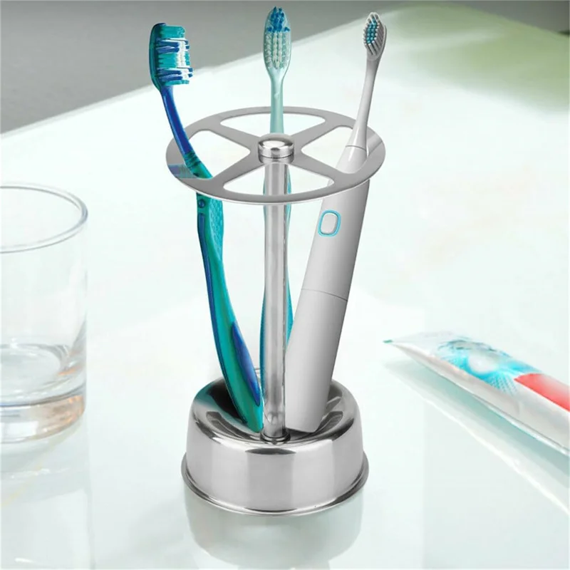 Toothbrush Holder Stainless Steel Toothpaste Stand Shelves Bathroom Organizer Freestand Stationery Makeup Brush Storage