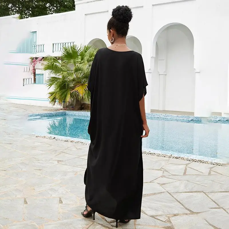 Black Vintage Embroidered Beach Dress Long Sarong Cardigan Bikini Cover-ups Wrap Dress Beach Wear Swim Suit Cover Up