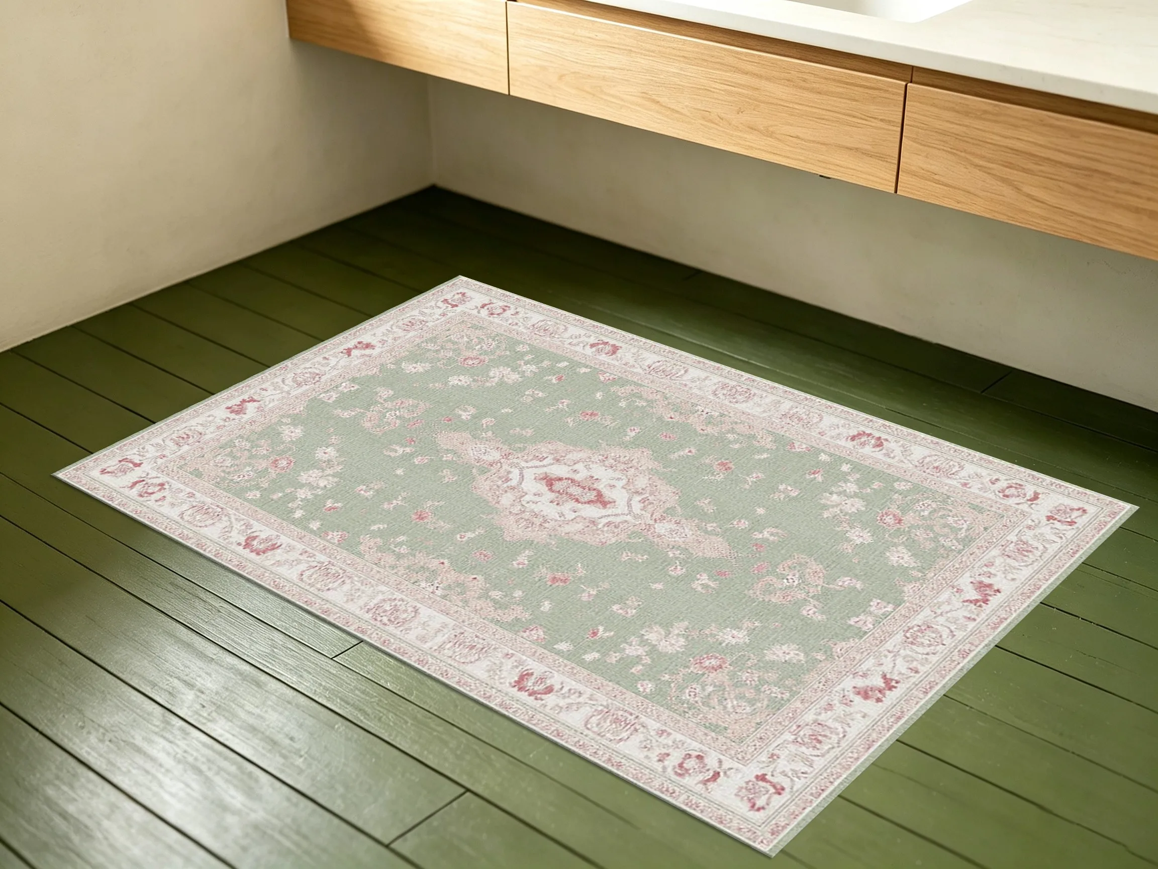 Velvet Rug Light Green Retro Diamond Pattern Floral Style for Living Room Bedroom Coffee Table Decor