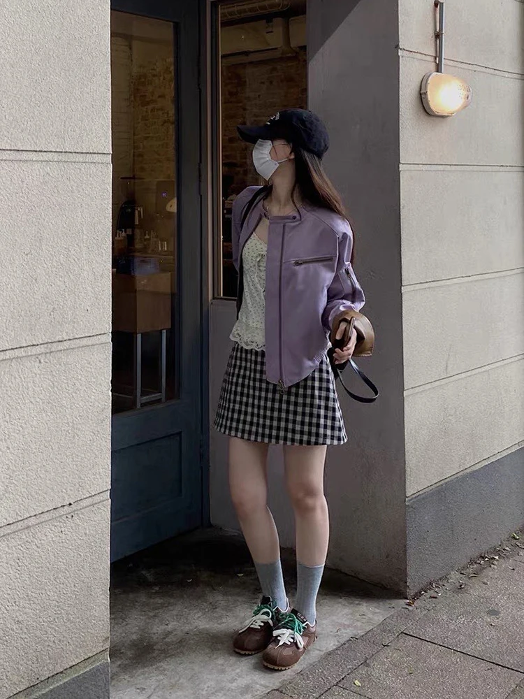 Jaqueta Feminina de Couro PU Roxo Taro para Primavera/Outono, Estilo Motociclista com Toque Sofisticado e Elegância Delicada