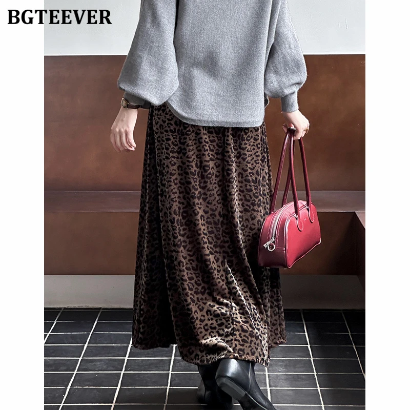 BGTEEVER Vintage Loose Leopard Mid-Length Skirts for Women Autumn Fashion High Waist Velvet A-line Skirts Female