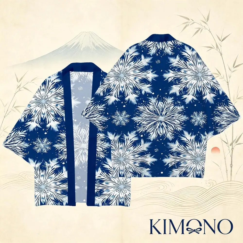 Japanese Traditional Style Snowflake Floral Print Kimono Casual Vacation Beach Cardigan Yukata Unisex Harajuku Street Clothing