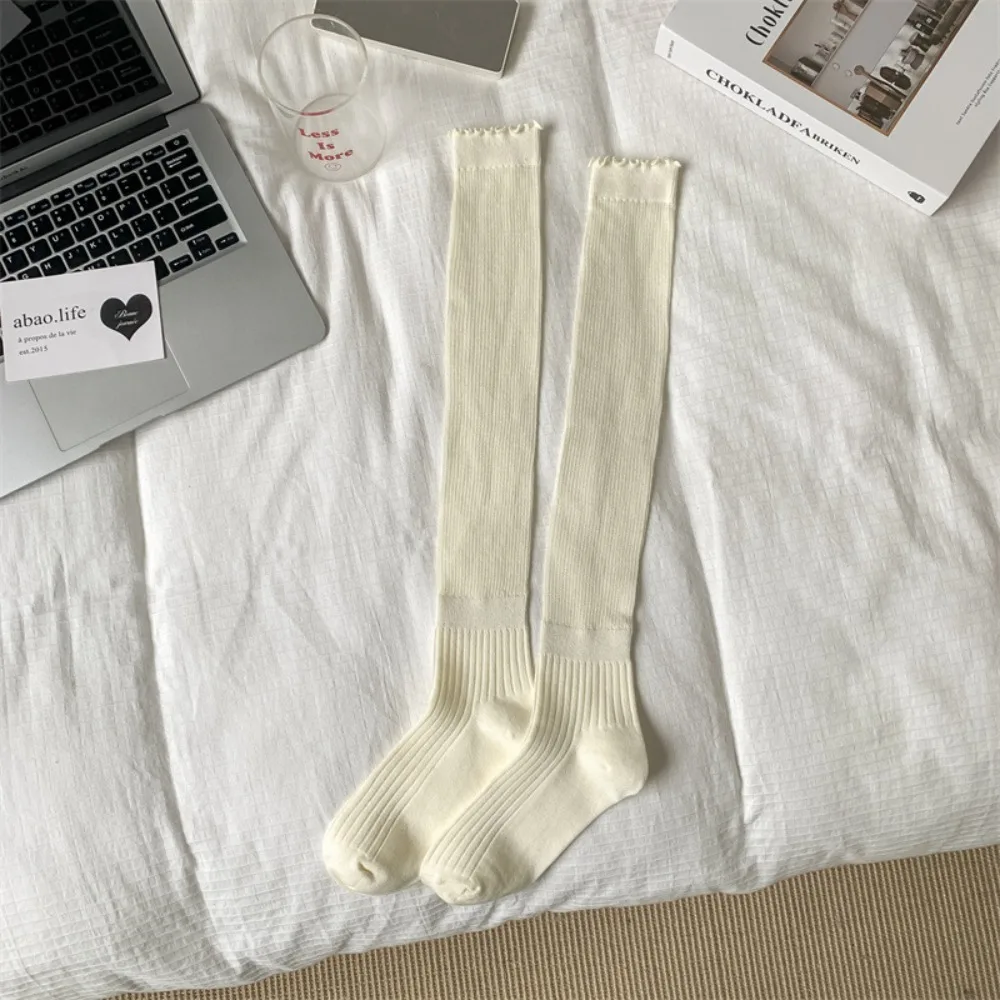 

Fashion Ruffles Long Stacked Socks Solid Color Vertical Striped High Elasticity Stockings Warm Over Knee Stockings Autumn Winter