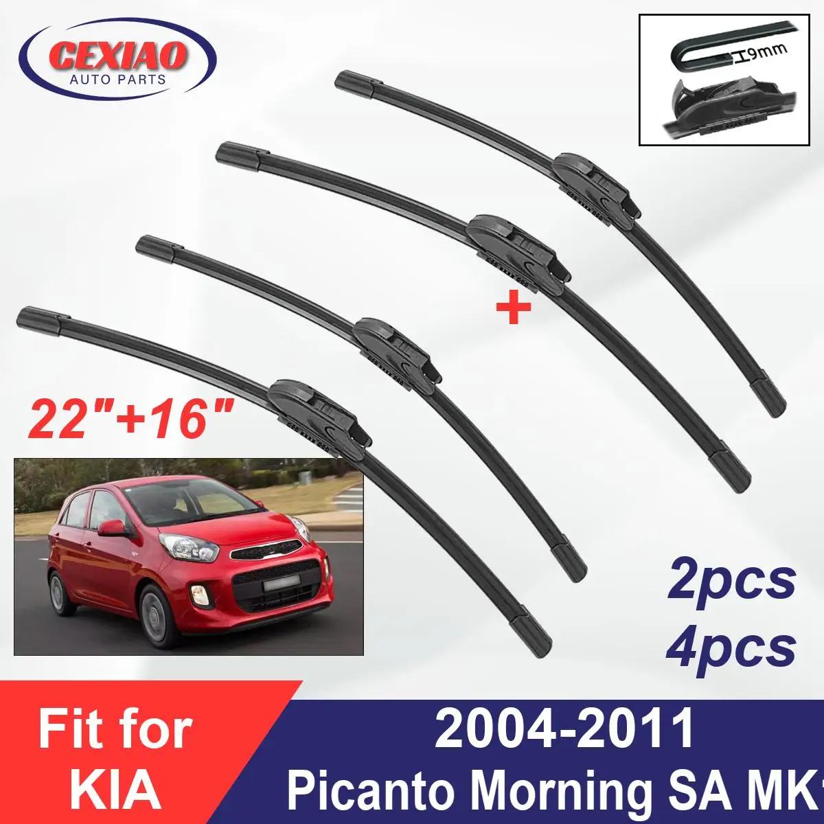 For KIA Picanto Morning SA MK1 2004-2011 Front Wiper Blades Boneless Frameless Rubber Cleaning