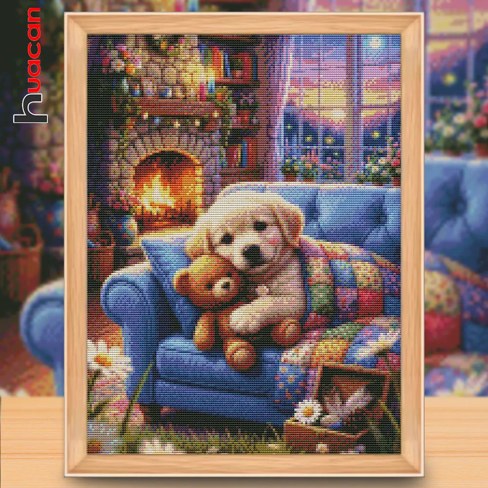 Huacan New Cross Stitch Golden Retriever By The Fireplace Animal 11ct Needlework Full Embroidery Printed Canvas Handmade Gift