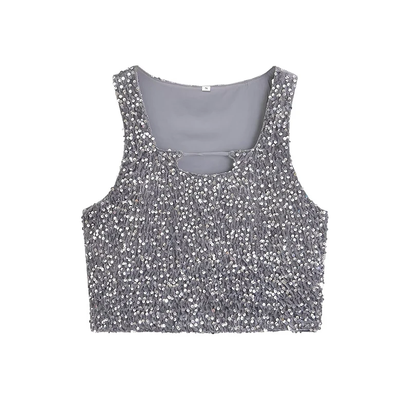 New Fashion Women Sexy Hollow Out Velvet Sequin Tank Top Summer Crop Top