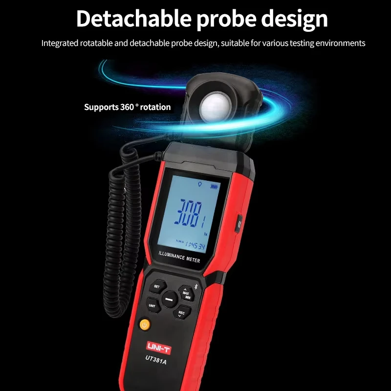 UNI-T UT381A Illuminometer Geïntegreerde en gesplitste digitale lichtverlichtingssterktemeter 400.000 Lx 37160 Fc Luxometer met Bluetooth APP