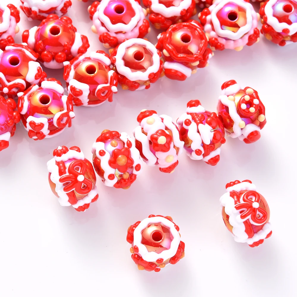 10Pcs Red Acrylic Handpainted Flower Bow Beads Sweet Pattern for Diy Handicrafts Making for Phone Chain Keychain Accessories