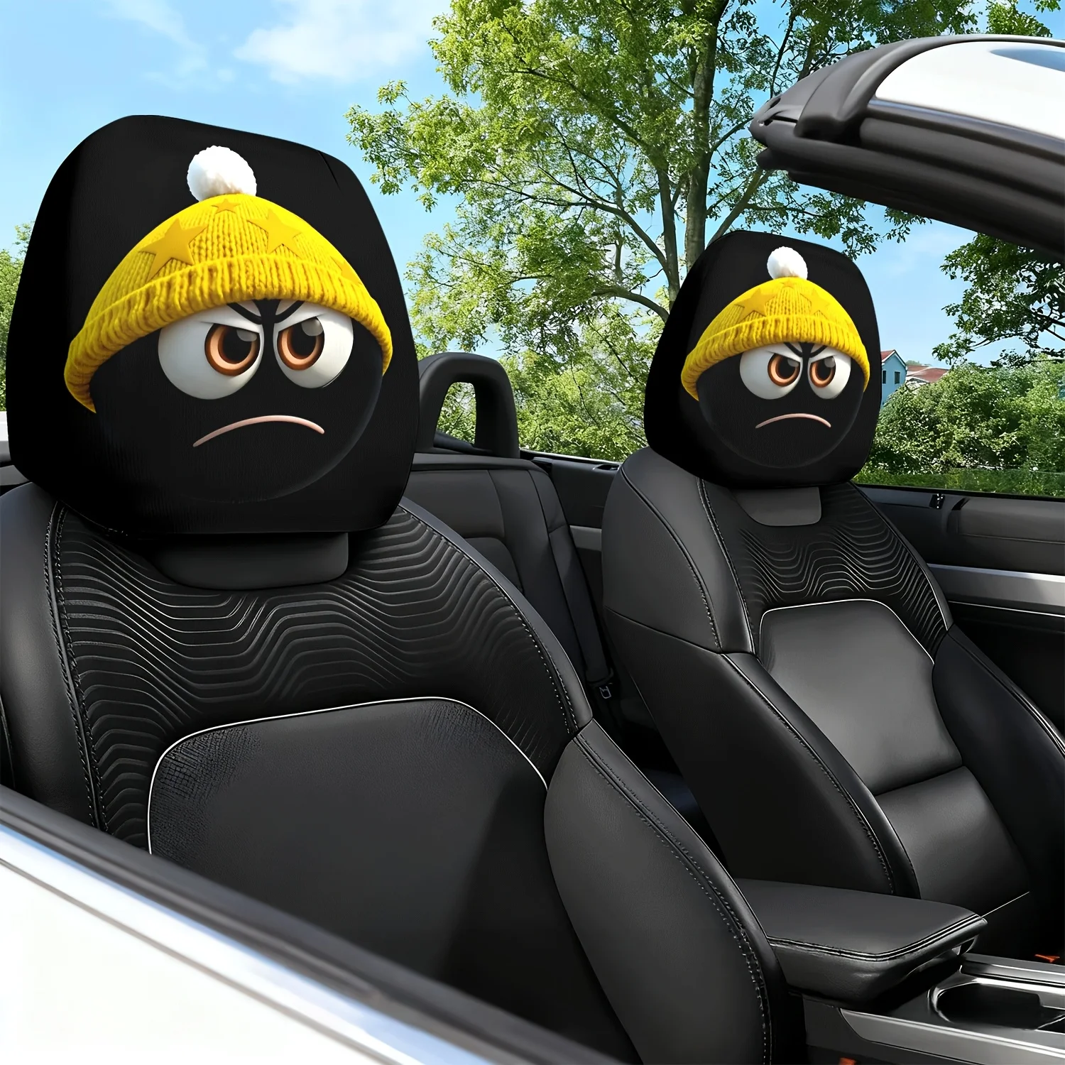 2pcs Angry Black Sphere Character Head Print Pattern Car Seat Cushion Headrest Neck Pillow Cover - Cute Design - Car Interior