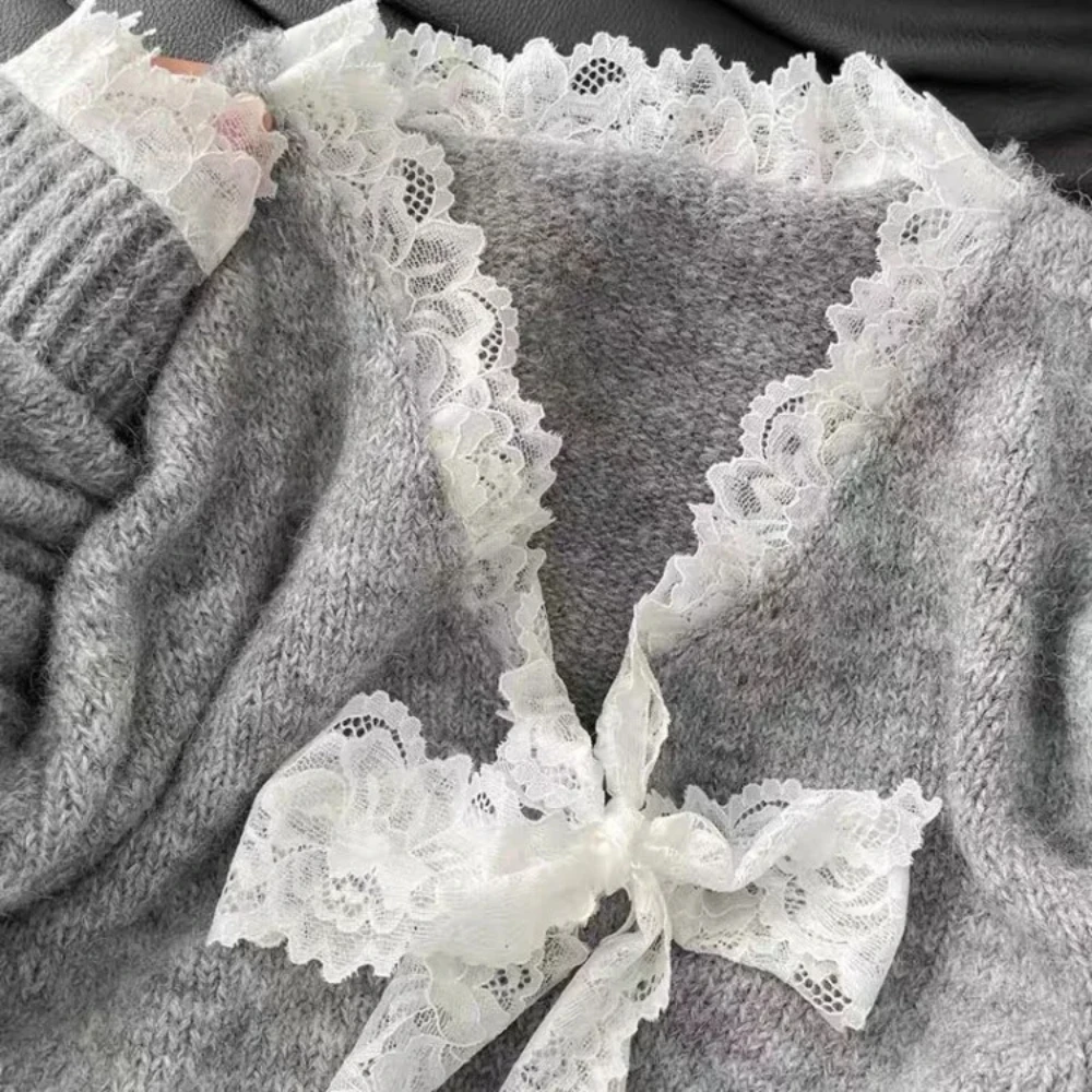 

Лоскутный свитер с кружевным бантом и v-образным вырезом для женщин, осень-зима 2023, новые топы Mujer Y2k, свободный вязаный пуловер с длинными рукавами