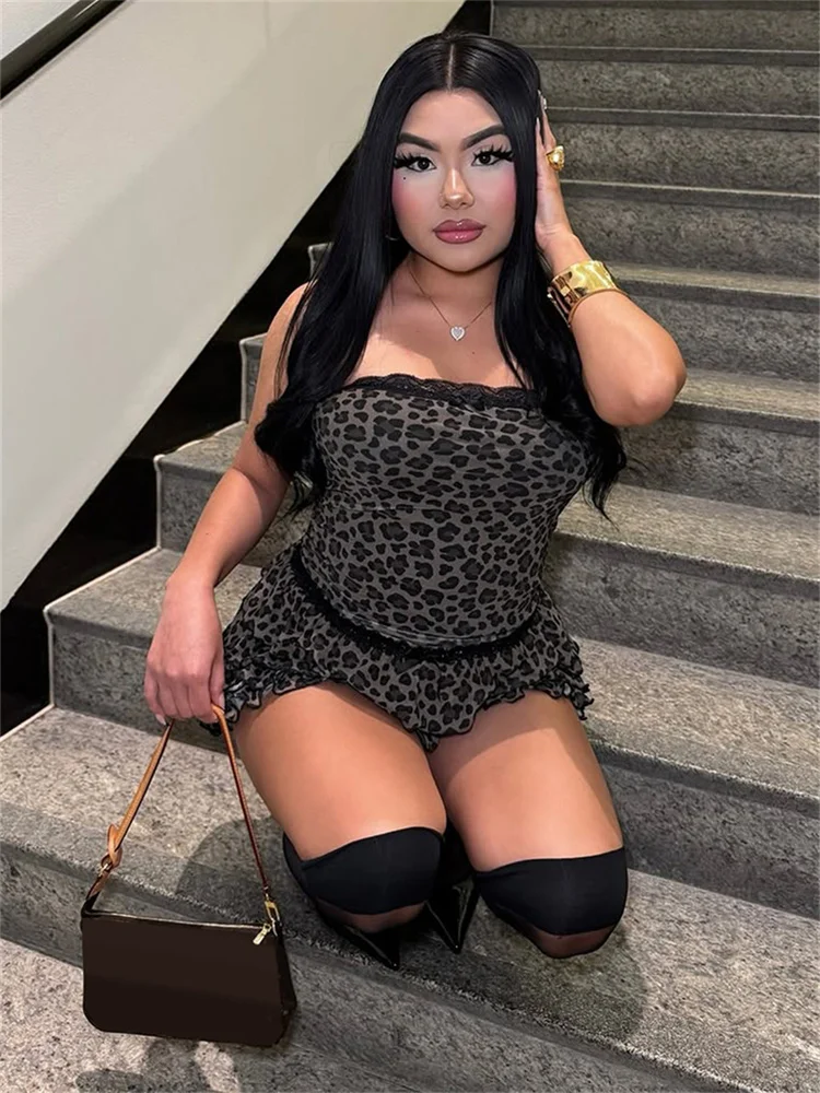 

InGrily Street Leopard Print 2 Piece Set Women Sexy Mesh Patchwork Strapless Tops+Ruched Tierred Shorts Hottie Hipster Suits