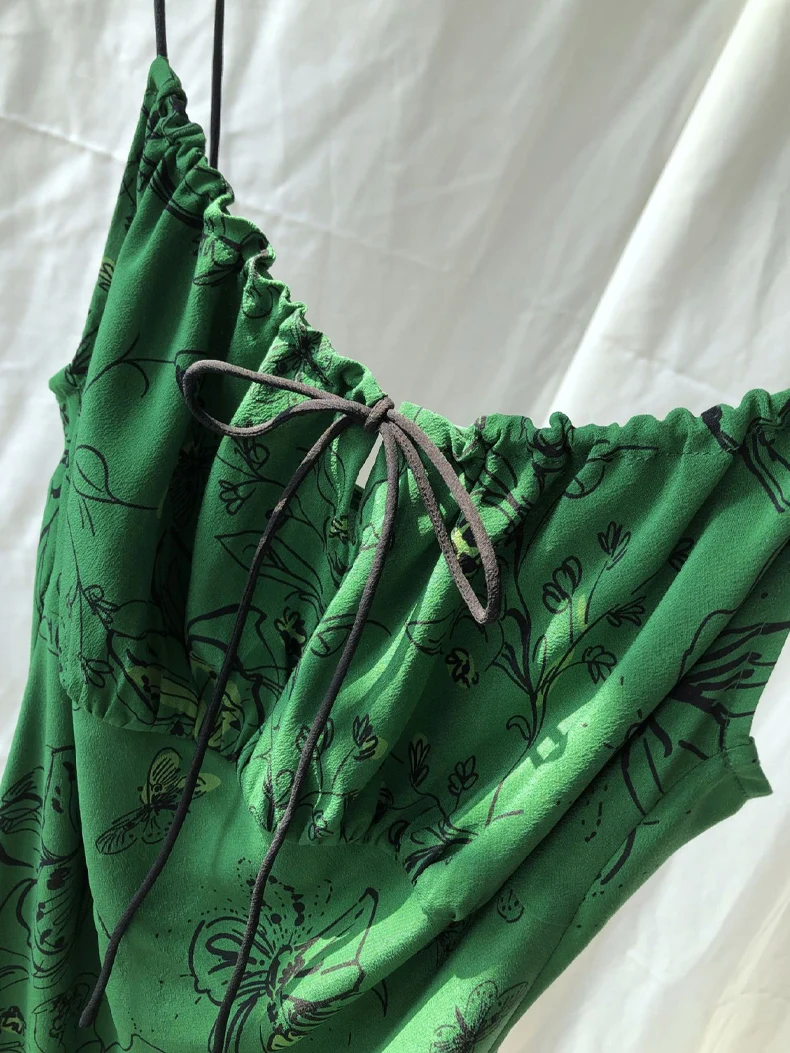 SuyaDream, Długa sukienka damska, 100% prawdziwy jedwab, pasek spaghetti, krój skośny, sukienki z nadrukiem, ubrania wiosna-lato 2025, zielony