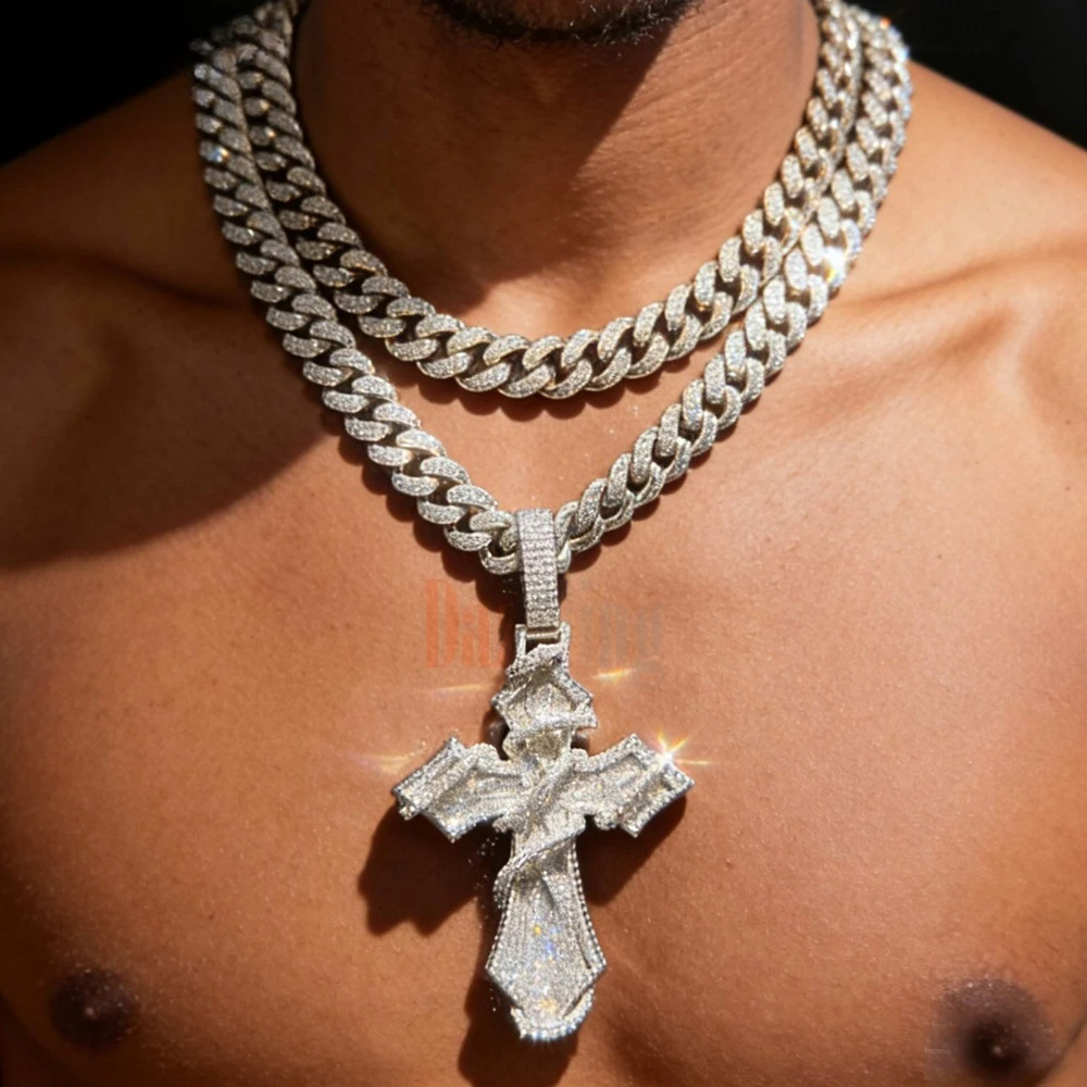 2026 New Iced Out Barbed Wire Wrapped Cross Pendant Necklace Silver Color Cubic Zirconia CZ Charm For Men Hip Hop Jewelry