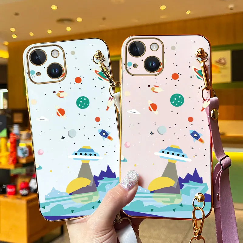 Sailing Spaceships Lanyard Plating Phone Case For iPhone 13 15 11 14 12 Pro Max Mini 15 14 7 8 6S 6 Plus XS Max XS X XR Cover