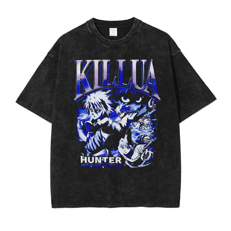 Killua Zoldyck Tops Tees Men Vintage Washed Anime T Shirts Retro Manga y2k Short Sleeve Oversized Retro Phantom Troupe T-shirt