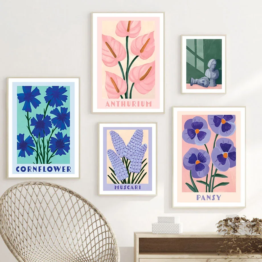 Large-sized 1pc frameless Canvas Painting Boho Floral Wall Art Colorful Botanical Canvas Print Anthurium Cornflower Muscari Pans